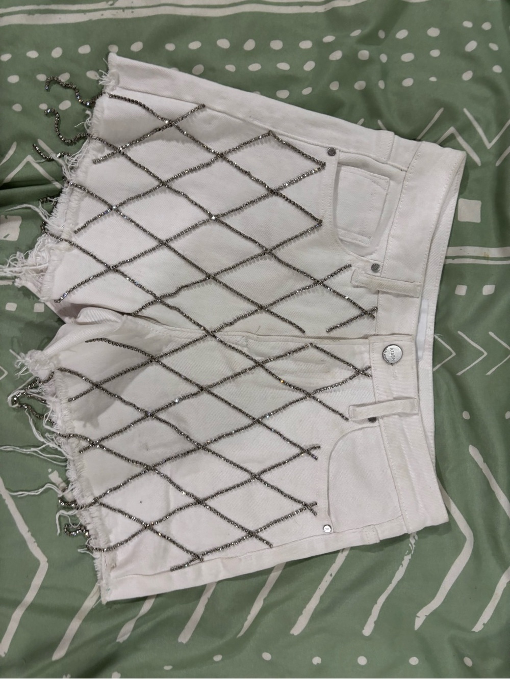 White Risen Denim Shorts with Rhinestone Fringe - Picture 3 of 3